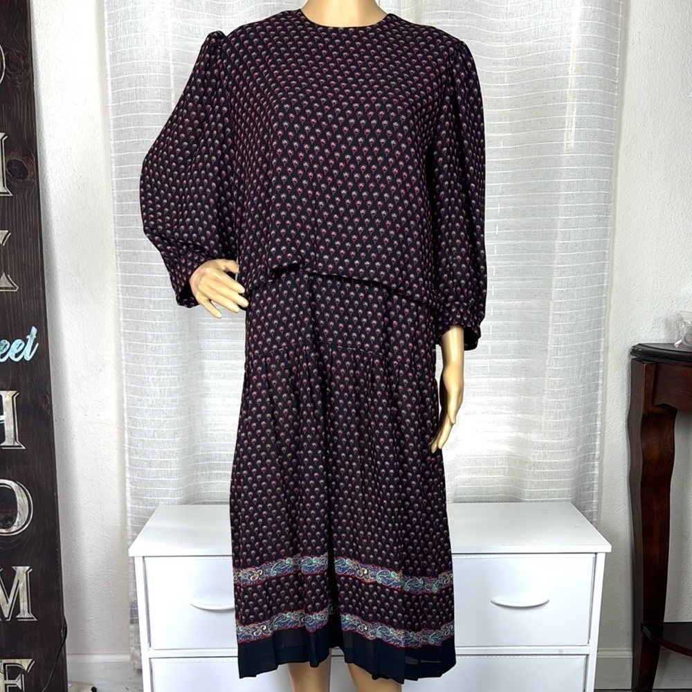 JESSIXA COLE Elegant Black and Red Patterned Dress, 14 Made in USA